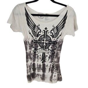 Affliction junior small black white short sleeve braided tie dye wings cross